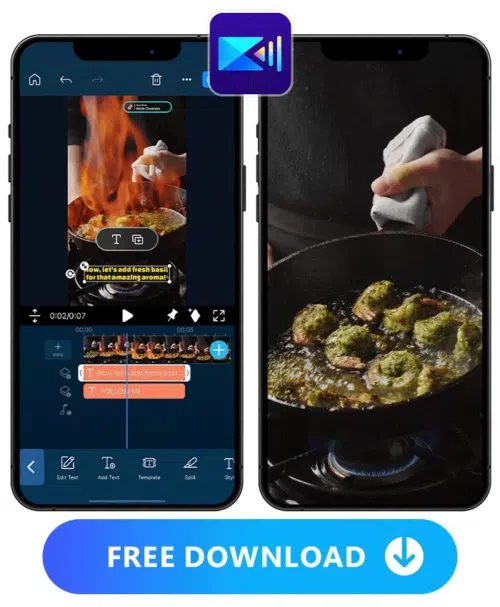 collage and UI of text feature of PowerDirector image and the finished clip